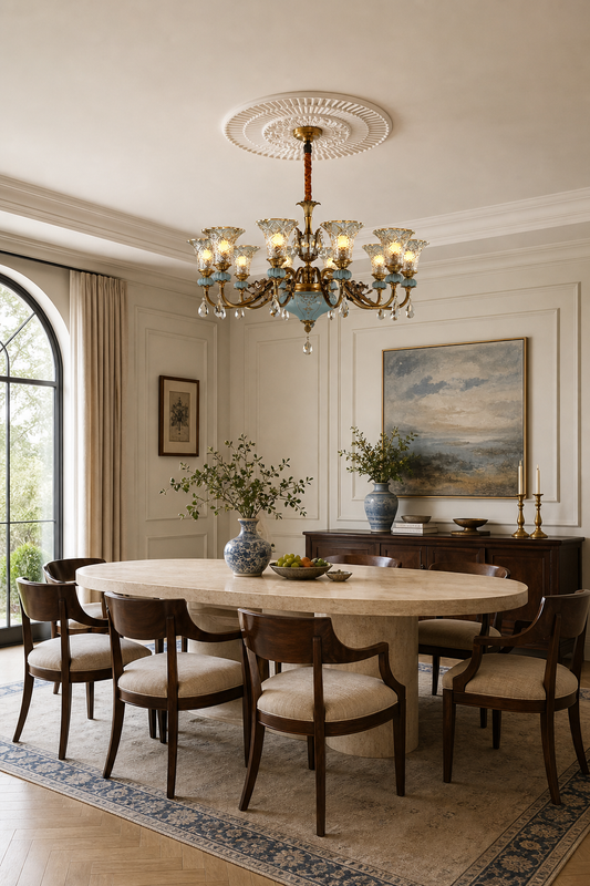 Blue Glazed Ceramic Brass Crystal Chandelier