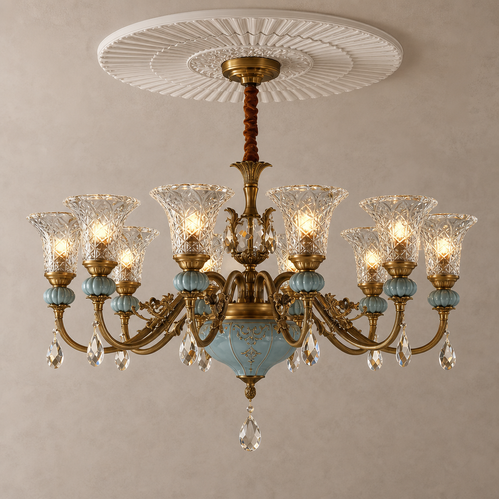 
Blue Glazed Ceramic Brass Crystal Chandelier