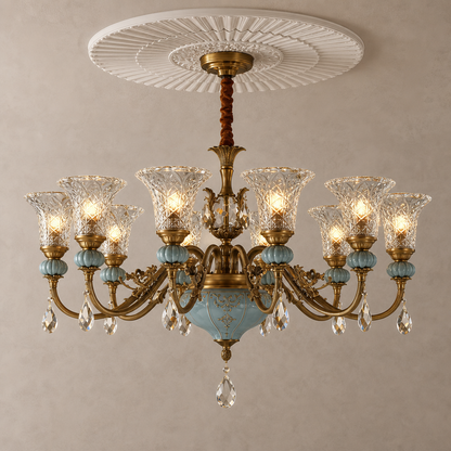 Blue Glazed Ceramic Brass Crystal Chandelier