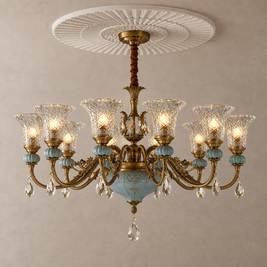 
Blue Glazed Ceramic Brass Crystal Chandelier