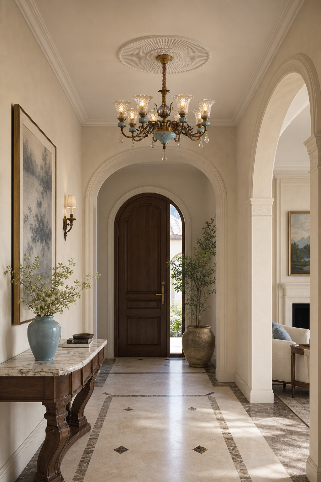 
Blue Glazed Ceramic Brass Crystal Chandelier