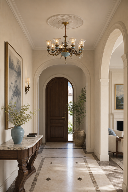 Blue Glazed Ceramic Brass Crystal Chandelier