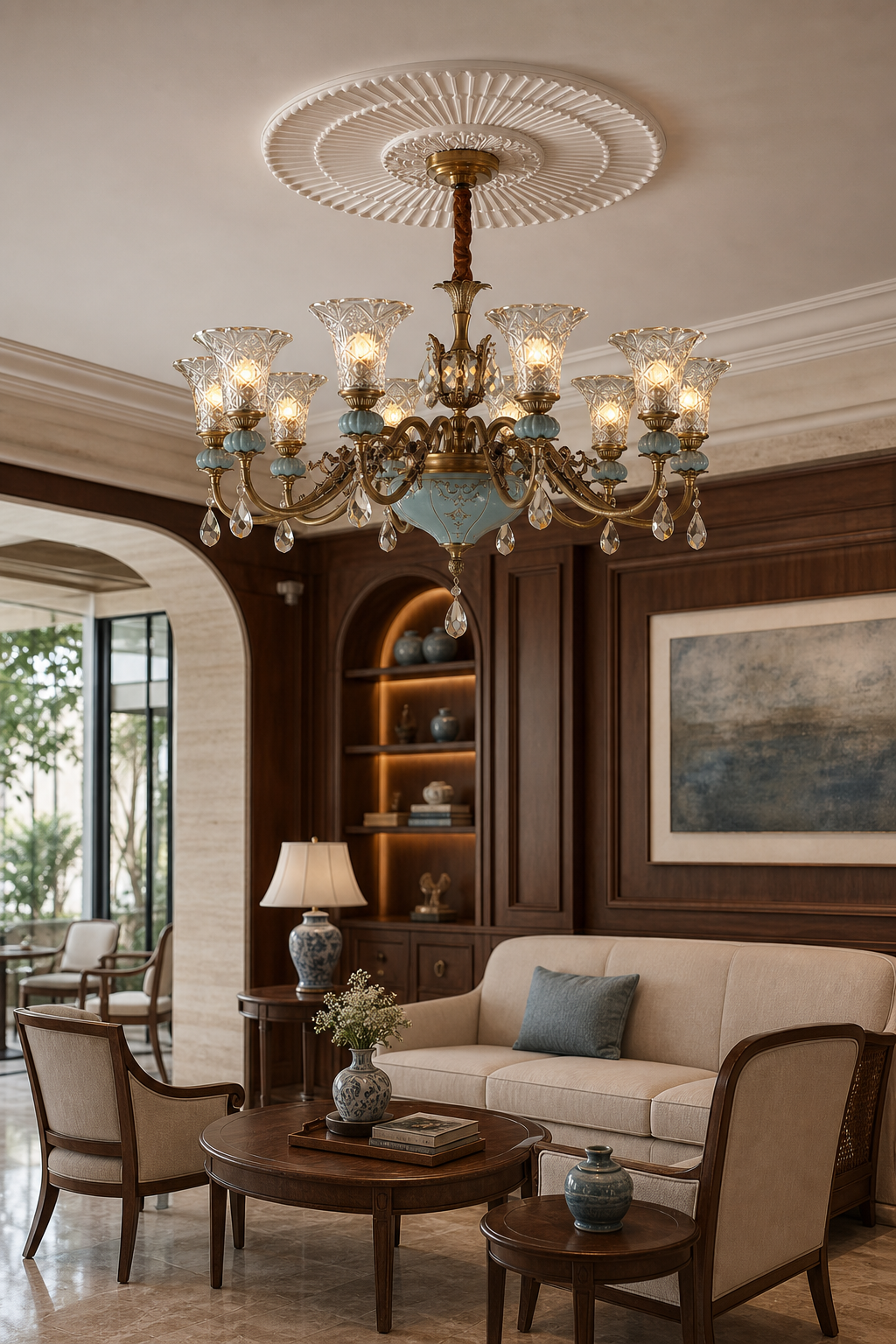 
Blue Glazed Ceramic Brass Crystal Chandelier