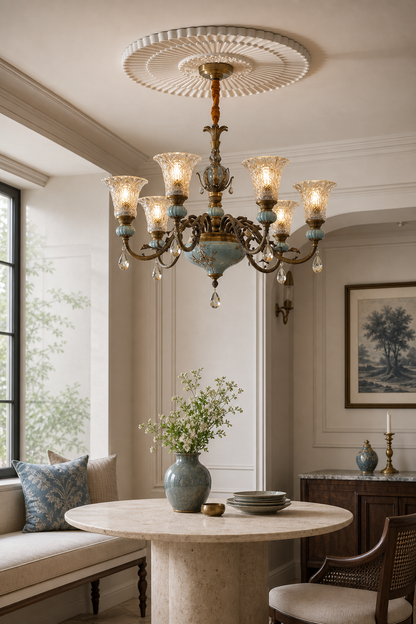 Blue Glazed Ceramic Brass Crystal Chandelier