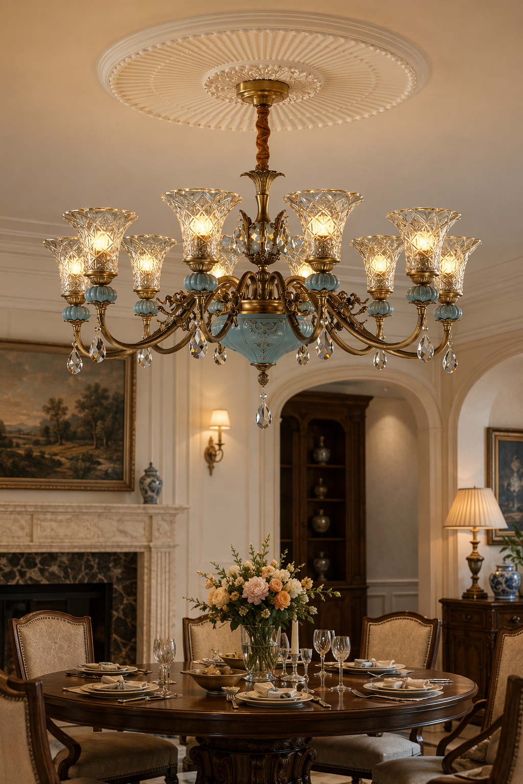 
Blue Glazed Ceramic Brass Crystal Chandelier