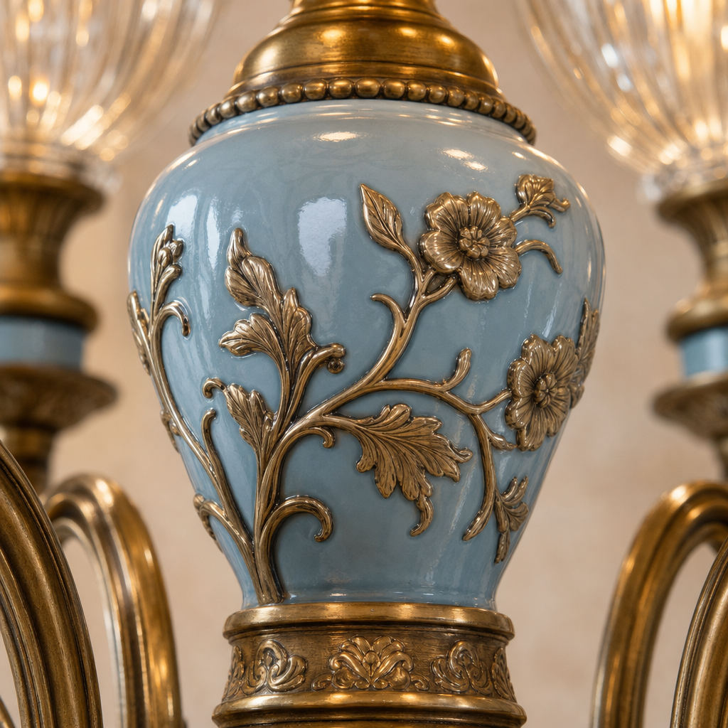 
Blue Glazed Ceramic Brass Crystal Chandelier