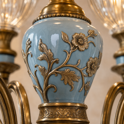 Blue Glazed Ceramic Brass Crystal Chandelier