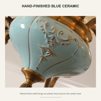 Blue Glazed Ceramic Brass Crystal Chandelier