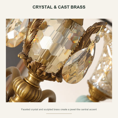Blue Glazed Ceramic Brass Crystal Chandelier