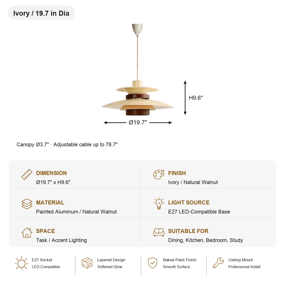 
Layered Aluminum and Walnut Pendant Light — SKU card for Ivory with Walnut, 19.7 in Dia