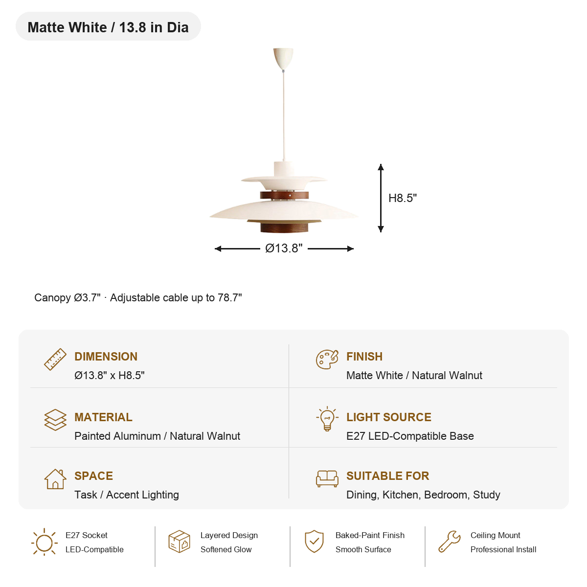 
Layered Aluminum and Walnut Pendant Light — SKU card for Matte White with Walnut, 13.8 in Dia