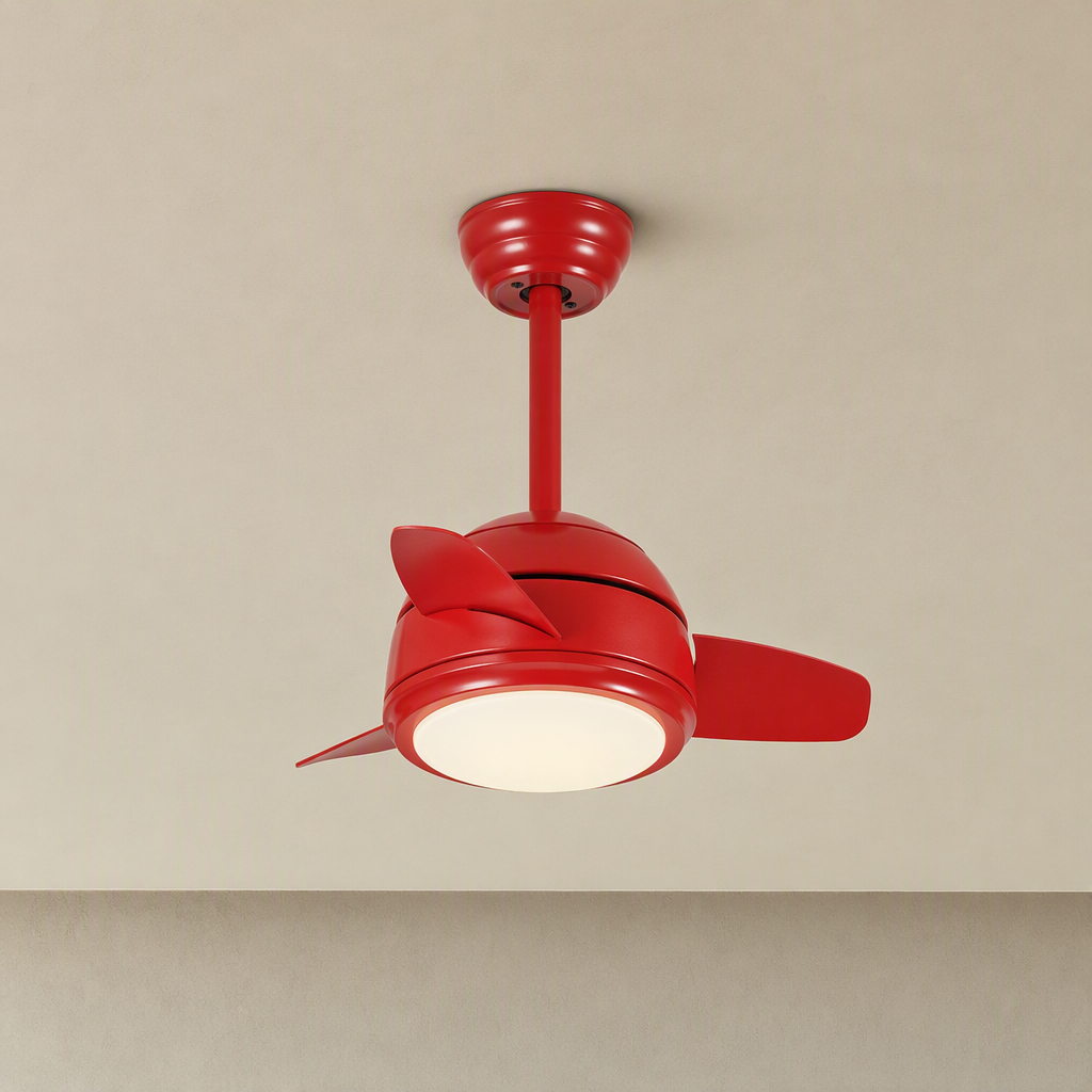 Red Compact Ceiling Fan with Light - FAN930-02 — Red clean installed product view on a warm neutral ceiling background