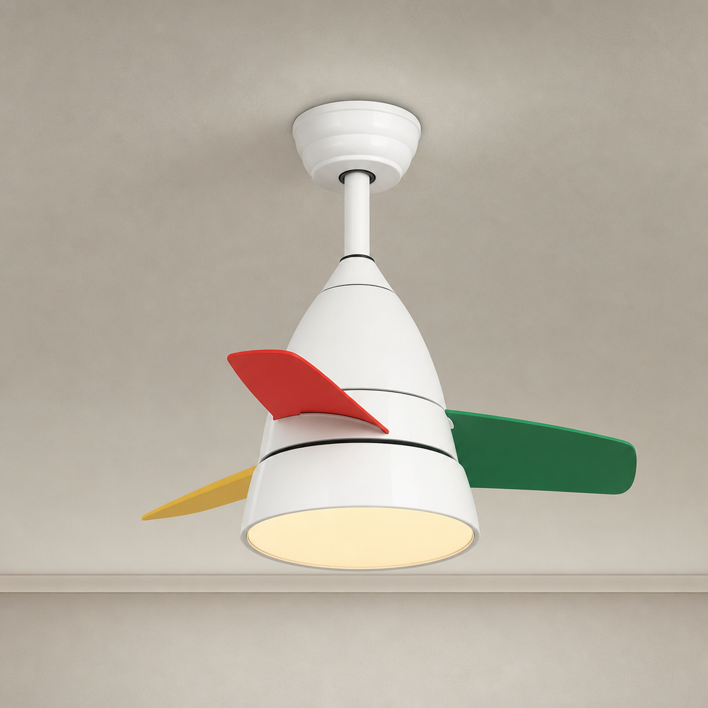 
White Multicolor-Blade Ceiling Fan with Light - FAN931-01 — White + Multicolor Blades clean installed product view on a warm neutral ceiling background