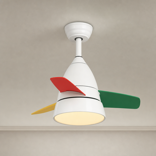 
White Multicolor-Blade Ceiling Fan with Light - FAN931-01 — White + Multicolor Blades clean installed product view on a warm neutral ceiling background