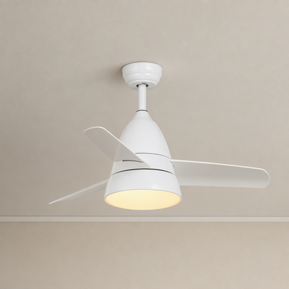 All-White Compact Ceiling Fan with Light - FAN931-03 — All White clean installed product view on a warm neutral ceiling background